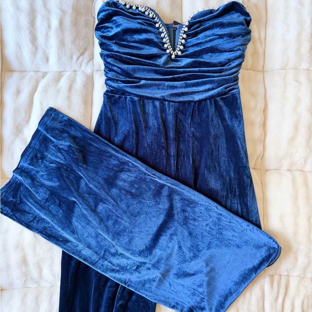 Lulu's Royal Blue Velvet Strapless Jumpsuit with Rhinestone Trim